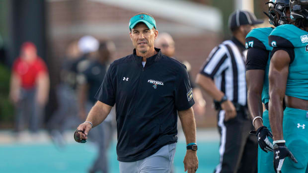Coastal Carolina head coach Jamey Chadwell watching warmups.